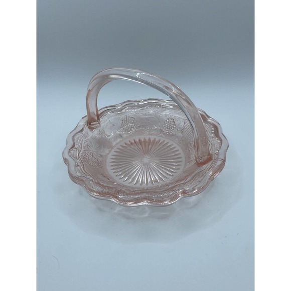 Westmoreland Pink Depression Glass Basket Grape Motif Ruffled Edge - Picture 1 of 5